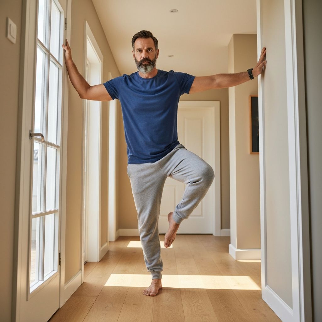 Person practicing balance exercise with support